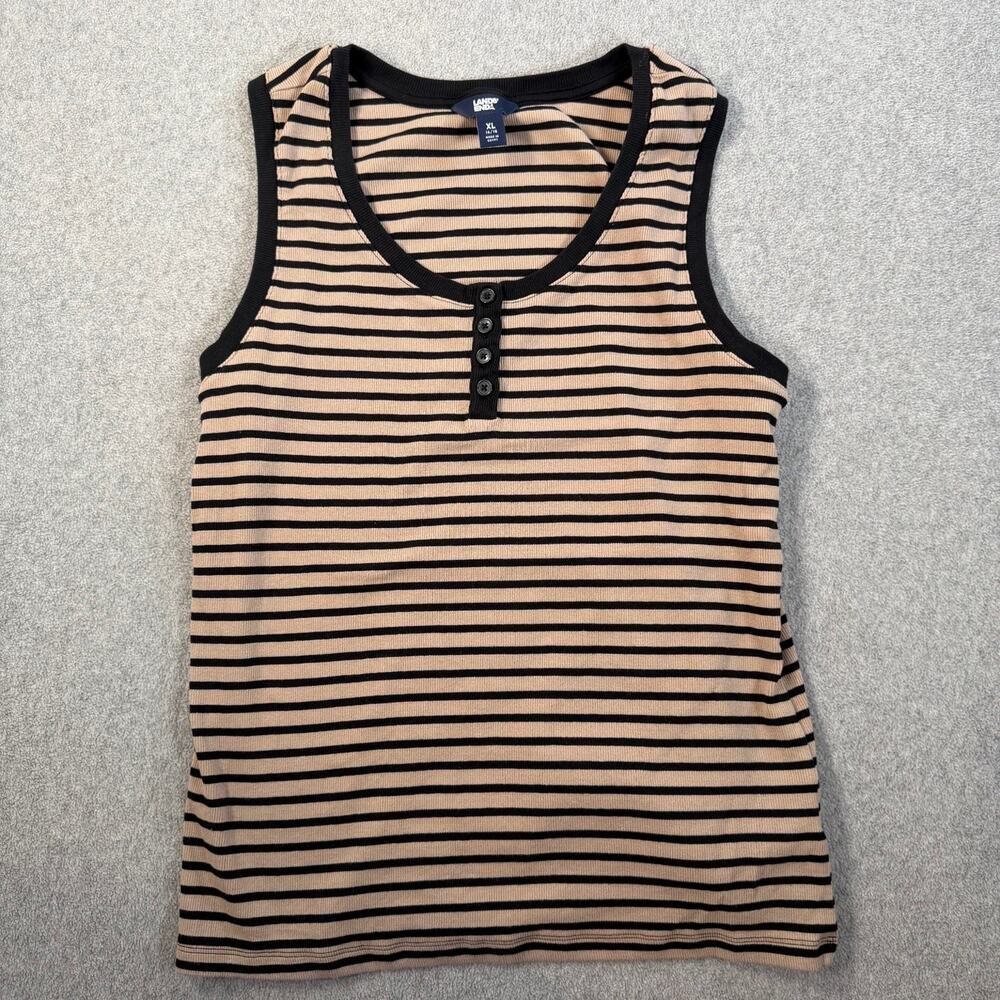 Lands' End Women's XL 16/18 Tan Black Striped Ribbed Henley Tank Top Casual